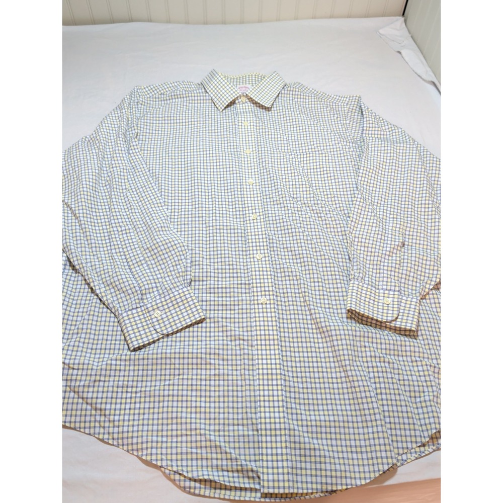 Brooks Brothers Men Dress Shirt 17.5 34 Yellow Blue Check Plaid Traditional